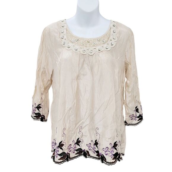 Vintage Tops - 2/$20 Vintage Y2K Cream Colour Top Blouse With Flower Pattern Size: M